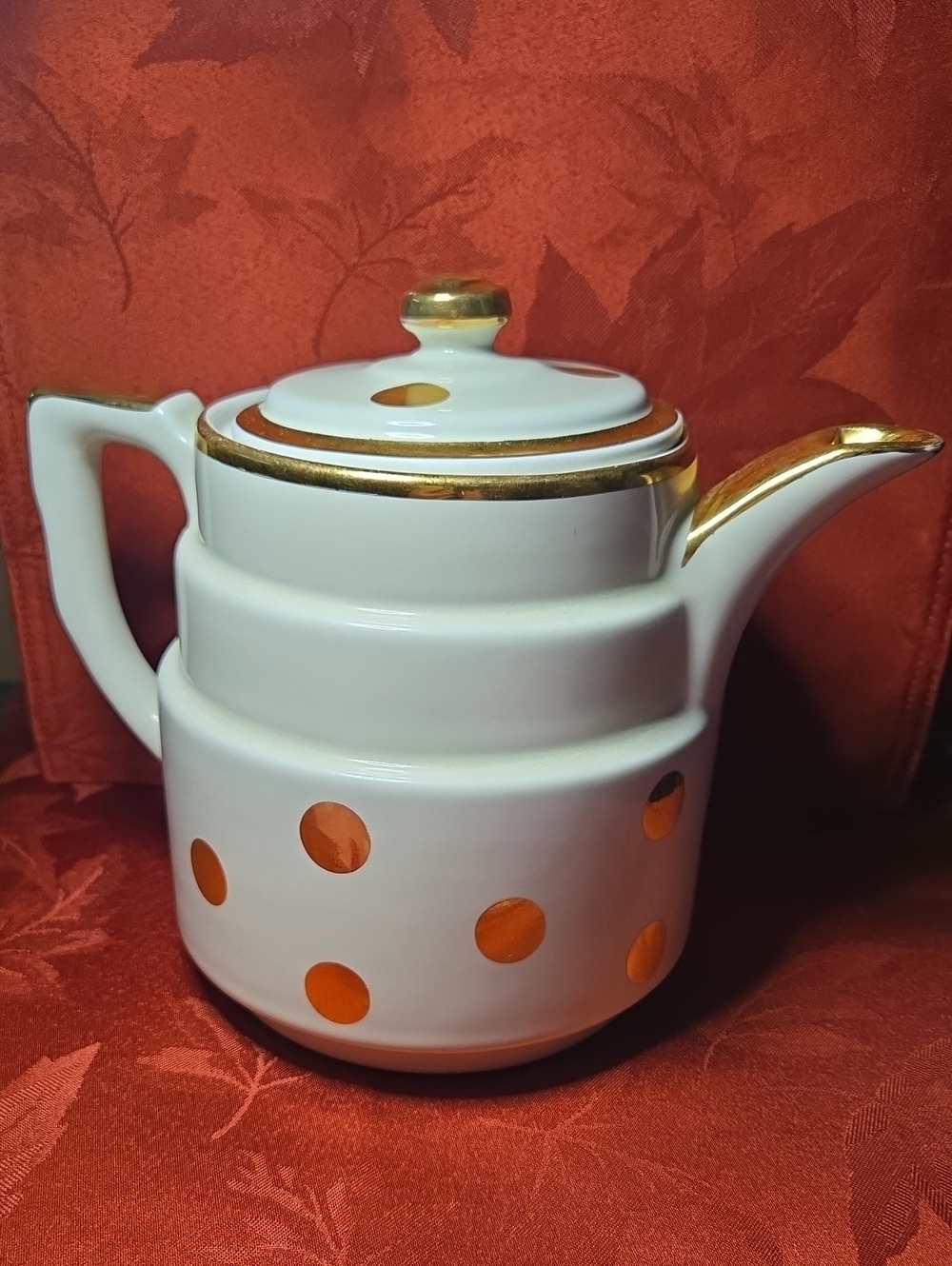 White Ceramic Teapot with Gold Trim and Polka Dots Made By Hall's Kitchenware